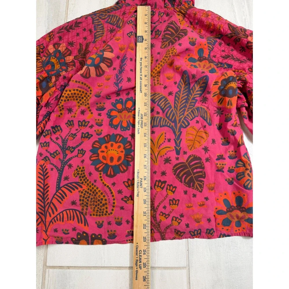 Farm Rio for Anthropologie Pink Tropical Leopard Print Tie Front Blouse Small